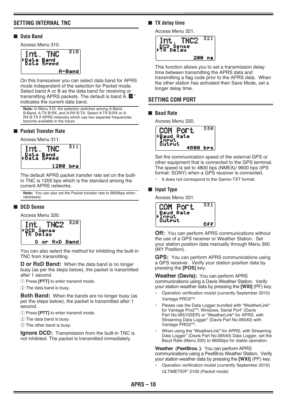 Aprs – 10 setting internal tnc, Setting com port | Kenwood TH-D72E User Manual | Page 53 / 75