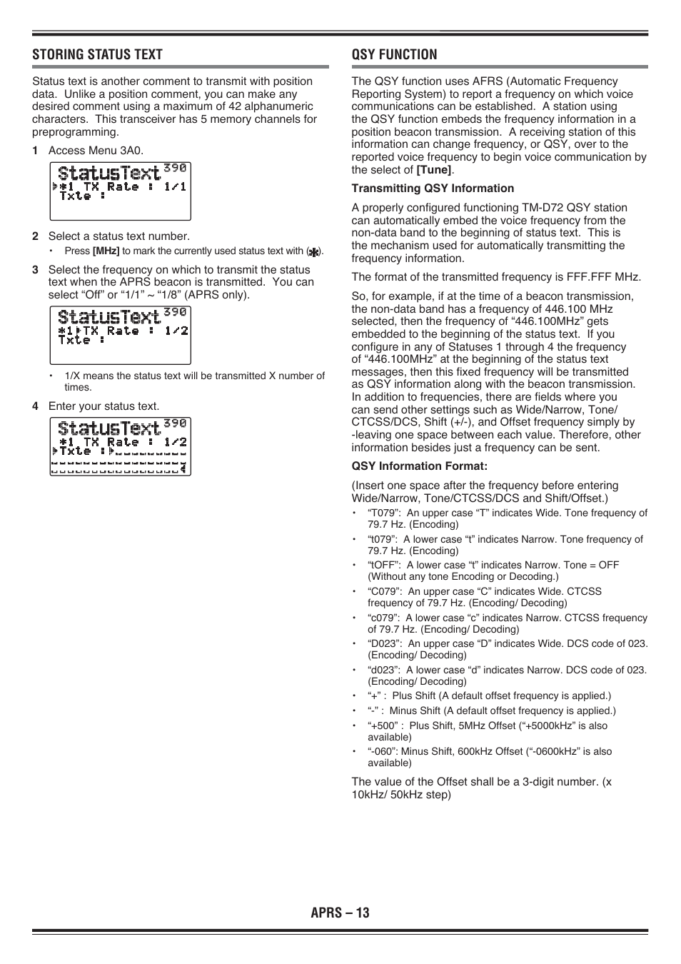 Aprs – 13 storing status text, Qsy function | Kenwood TH-D72E User Manual | Page 56 / 75