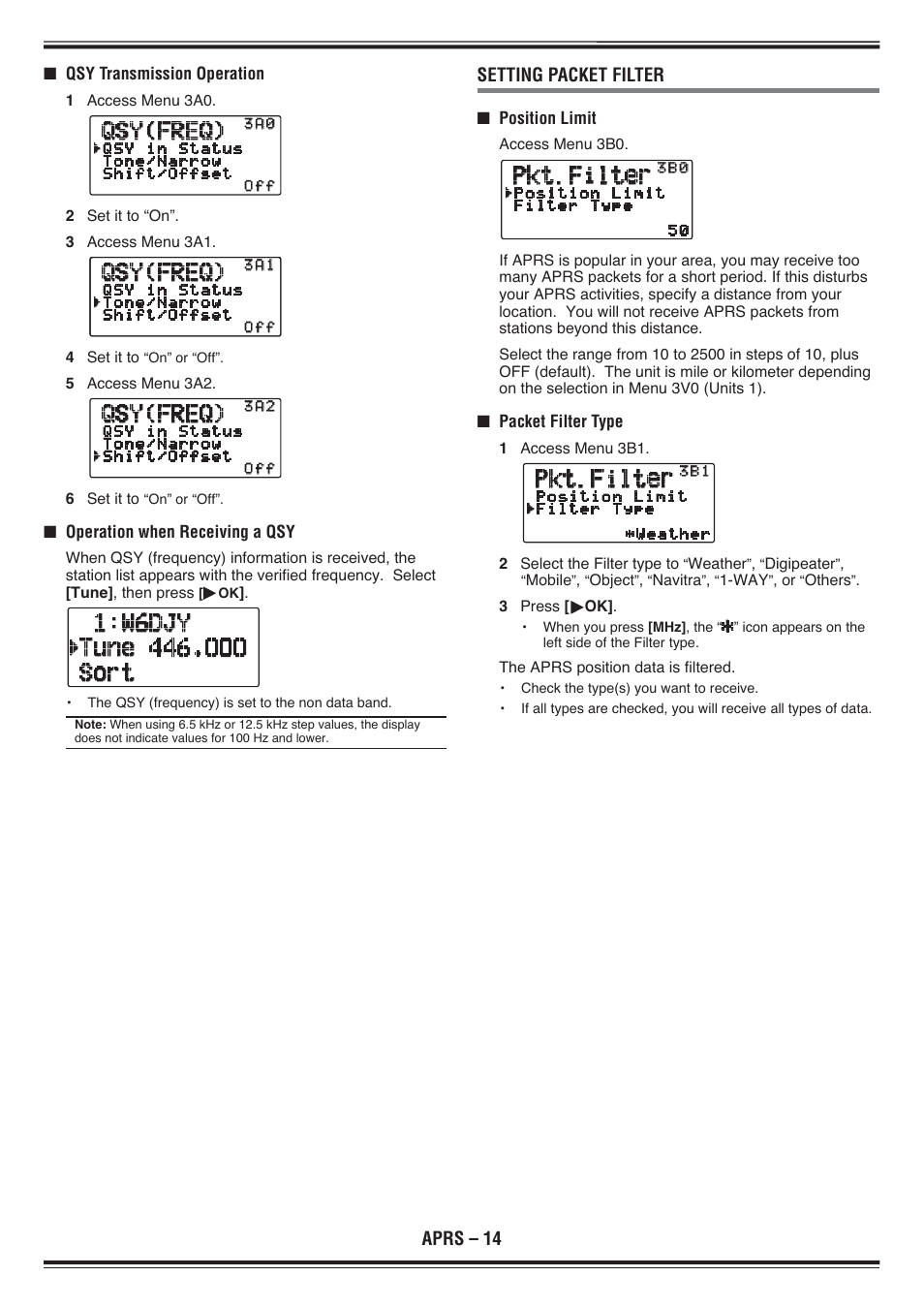 Aprs – 14, Setting packet filter | Kenwood TH-D72E User Manual | Page 57 / 75