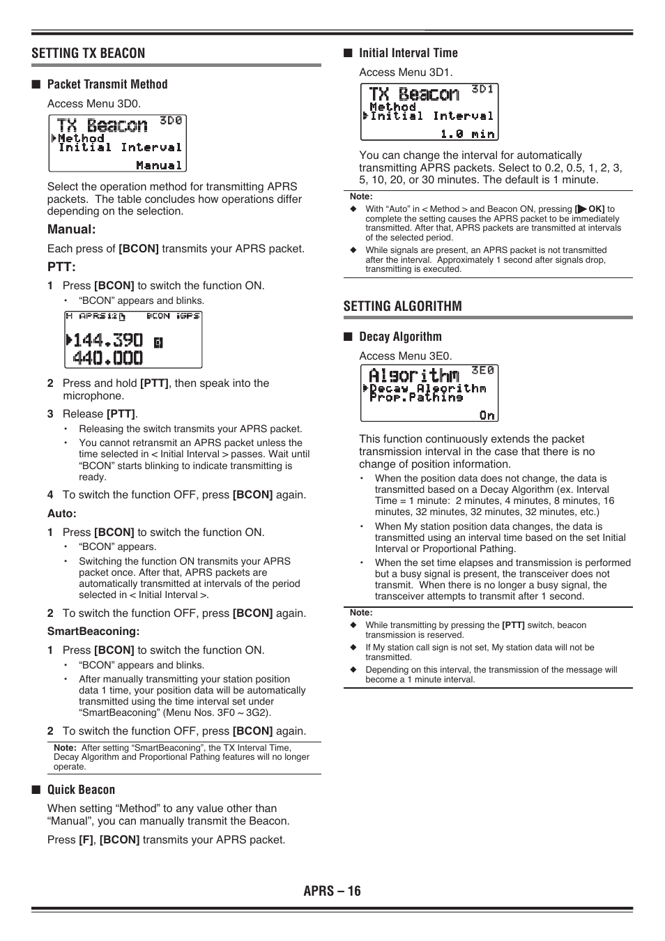 Aprs – 16 setting tx beacon, Setting algorithm | Kenwood TH-D72E User Manual | Page 59 / 75