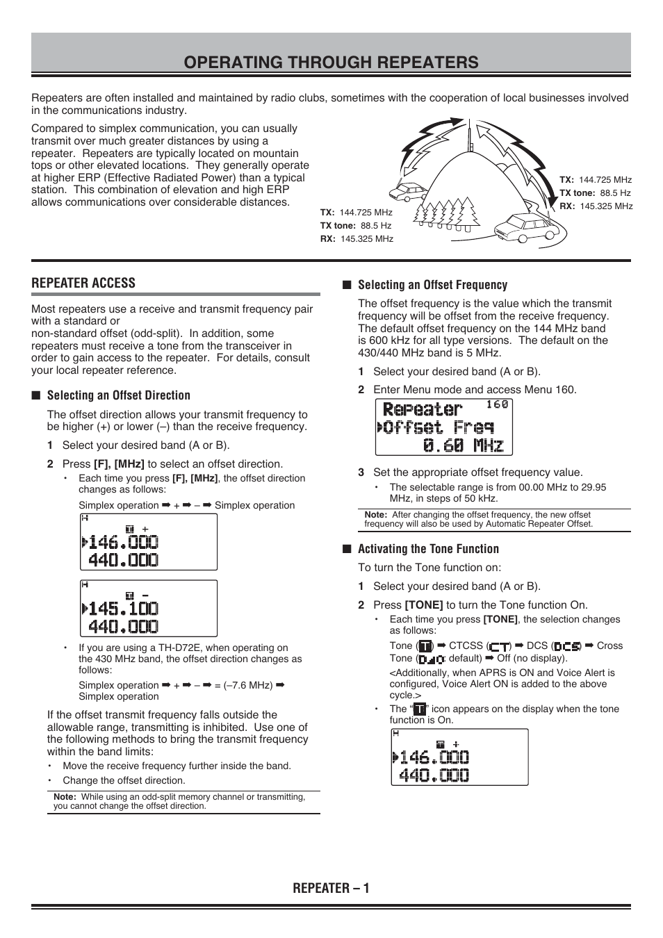 Operating through repeaters, Repeater – 1 repeater access | Kenwood TH-D72E User Manual | Page 7 / 75