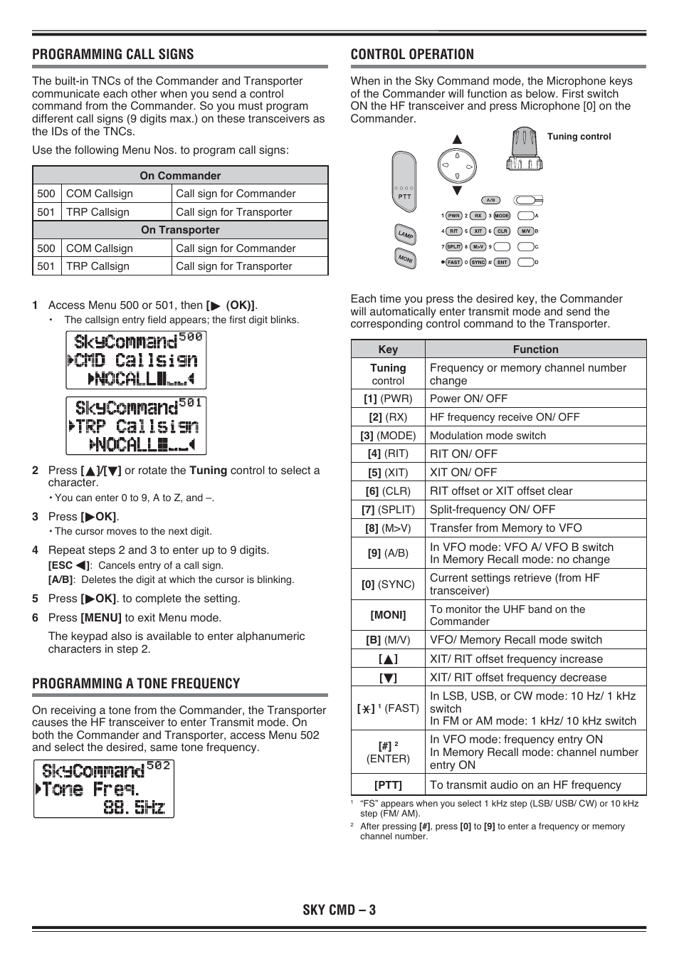 Sky cmd – 3 programming call signs, Programming a tone frequency, Control operation | Kenwood TH-D72E User Manual | Page 73 / 75