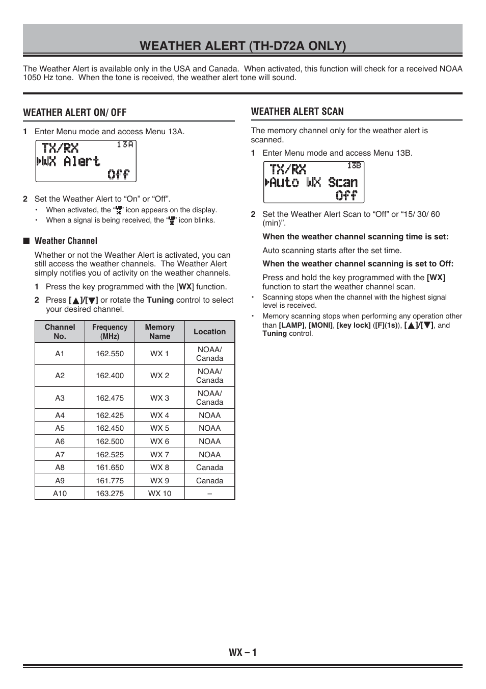 Weather alert (th-d72a only), Weather alert on/ off, Weather alert scan | Wx – 1 | Kenwood TH-D72E User Manual | Page 74 / 75