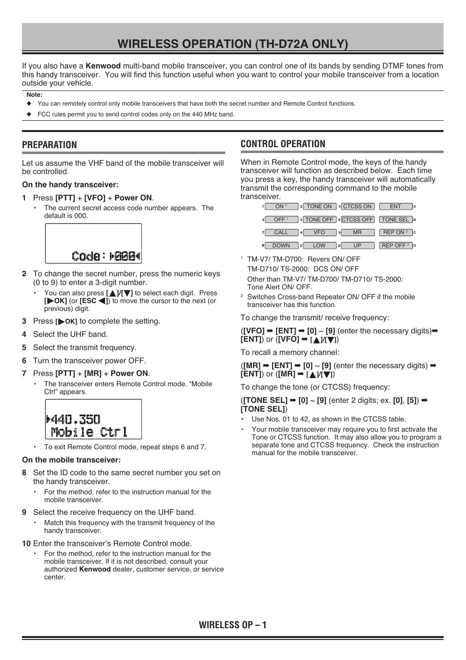 Wireless operation (th-d72a only), Preparation, Control operation | Wireless op – 1 | Kenwood TH-D72E User Manual | Page 75 / 75