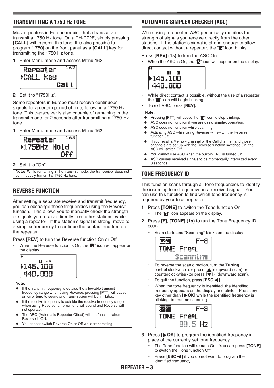 Reverse function, Automatic simplex checker (asc), Tone frequency id | Kenwood TH-D72E User Manual | Page 9 / 75