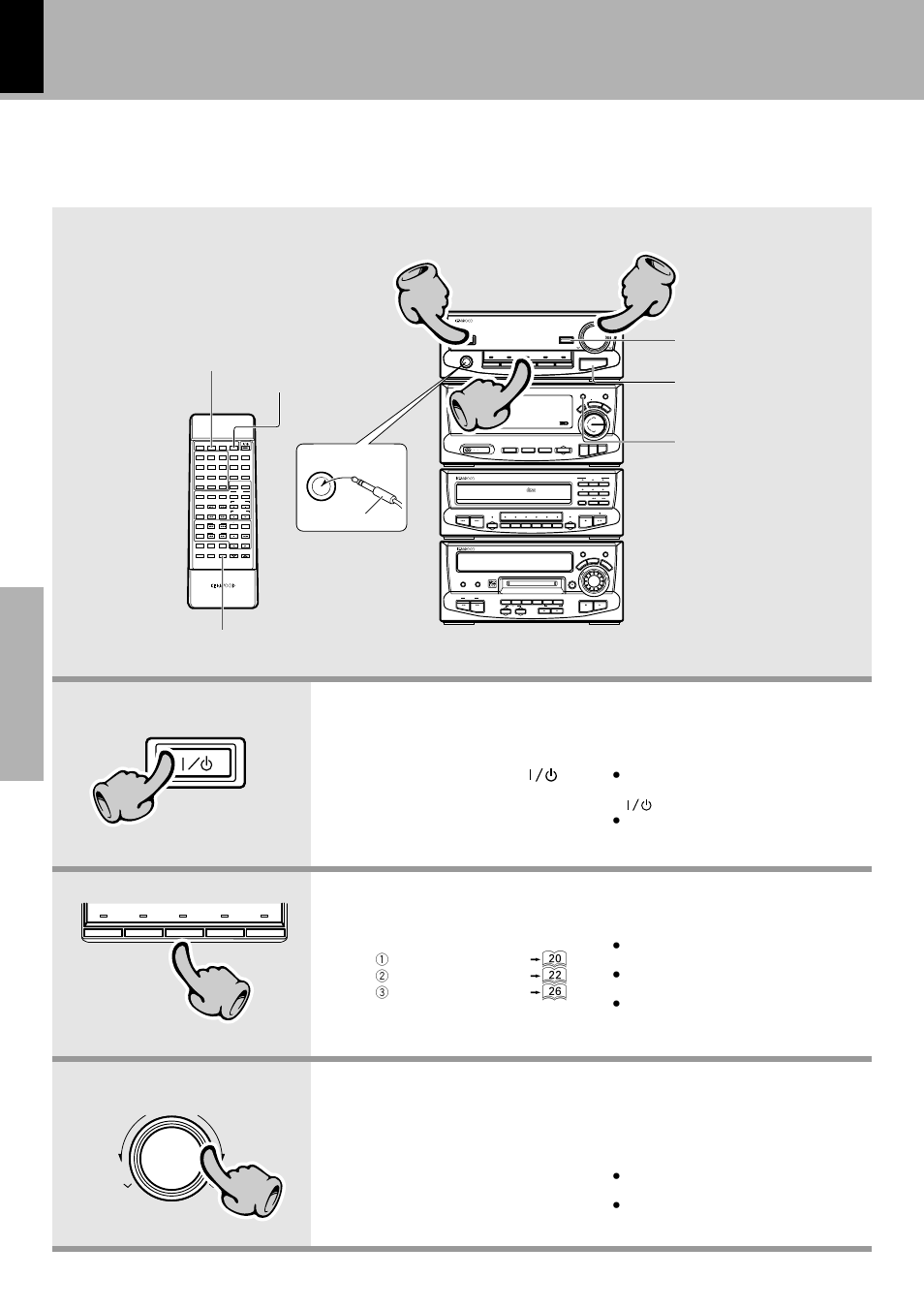 Basic use method, Set the on/standby key to on (standby), Volume adjustment | Selecting the desired output, Let's put out some sound, 1 cd, 2 md, 3 broadcasts, Random repeat, Pty o.t.t rds disp | Kenwood XD-9581MD User Manual | Page 18 / 84