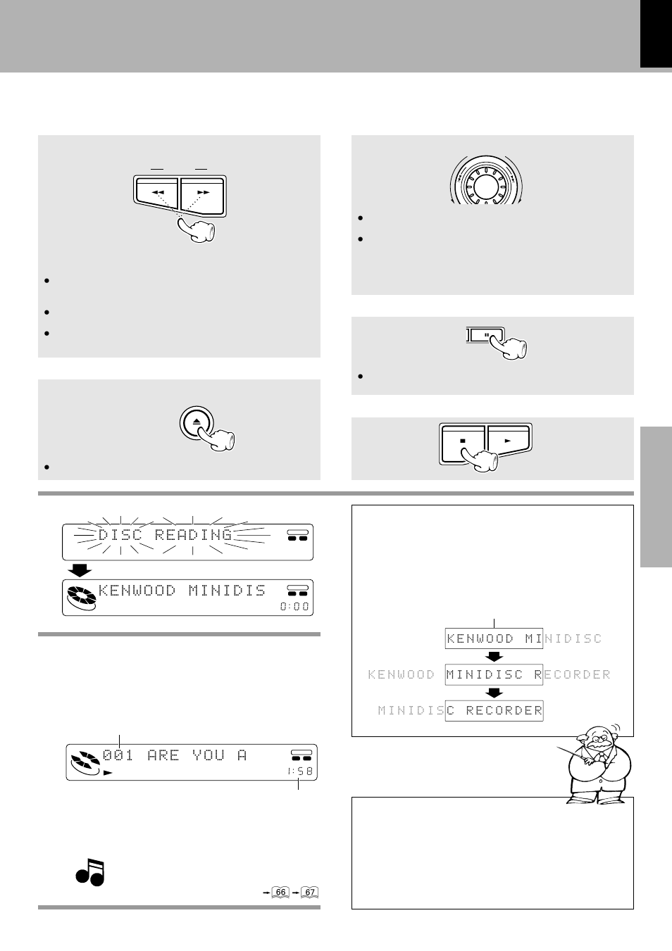 Searching in a track, Disc recorded in monaural mode, Skipping tracks | Let's put out some sound, Only on the main unit) | Kenwood XD-9581MD User Manual | Page 23 / 84