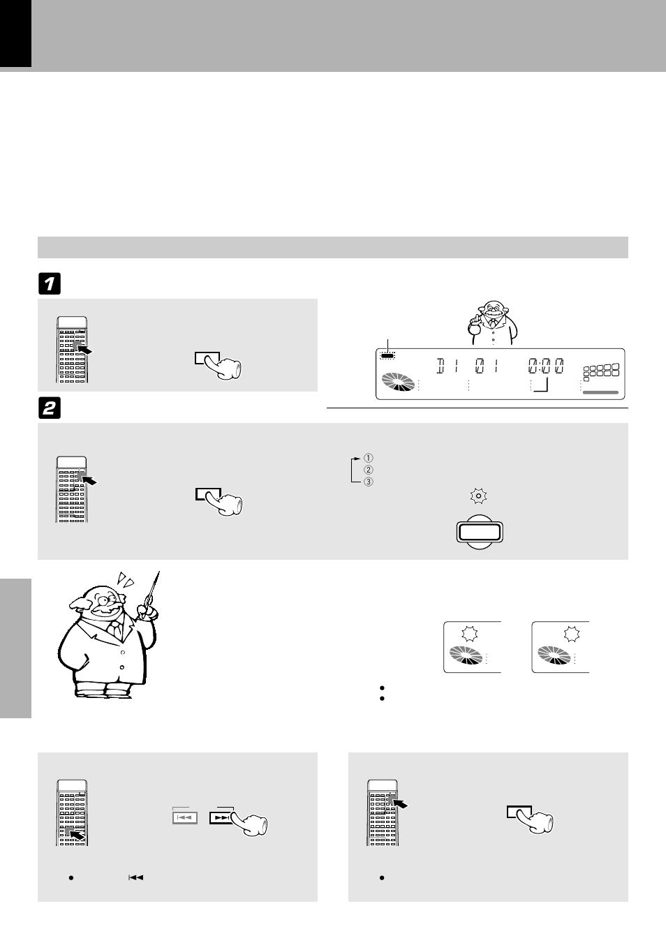 Listening to an unexpected title sequence, D 1 ) 1 ) ) : ), Random playback) | Select the random mode, Confirm that the “pgm” indicator is not lit, Select the “cd” input, Playback of cd, Press so that the random indicator goes off | Kenwood XD-9581MD User Manual | Page 34 / 84