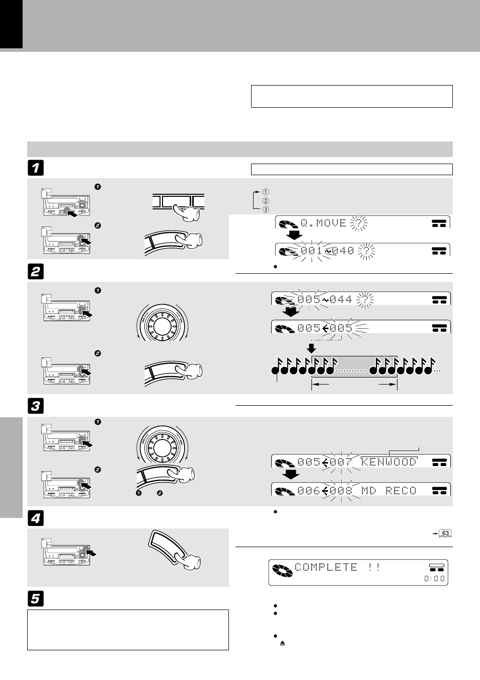 Moving several tracks at a time, Quick move), Execute the track move operation. select q.move | Select the range of tracks to be reordered, Select tracks numbers in the desired order, After editing, eject and remove the mini disc, Please execute operation in stopped condition | Kenwood XD-9581MD User Manual | Page 58 / 84