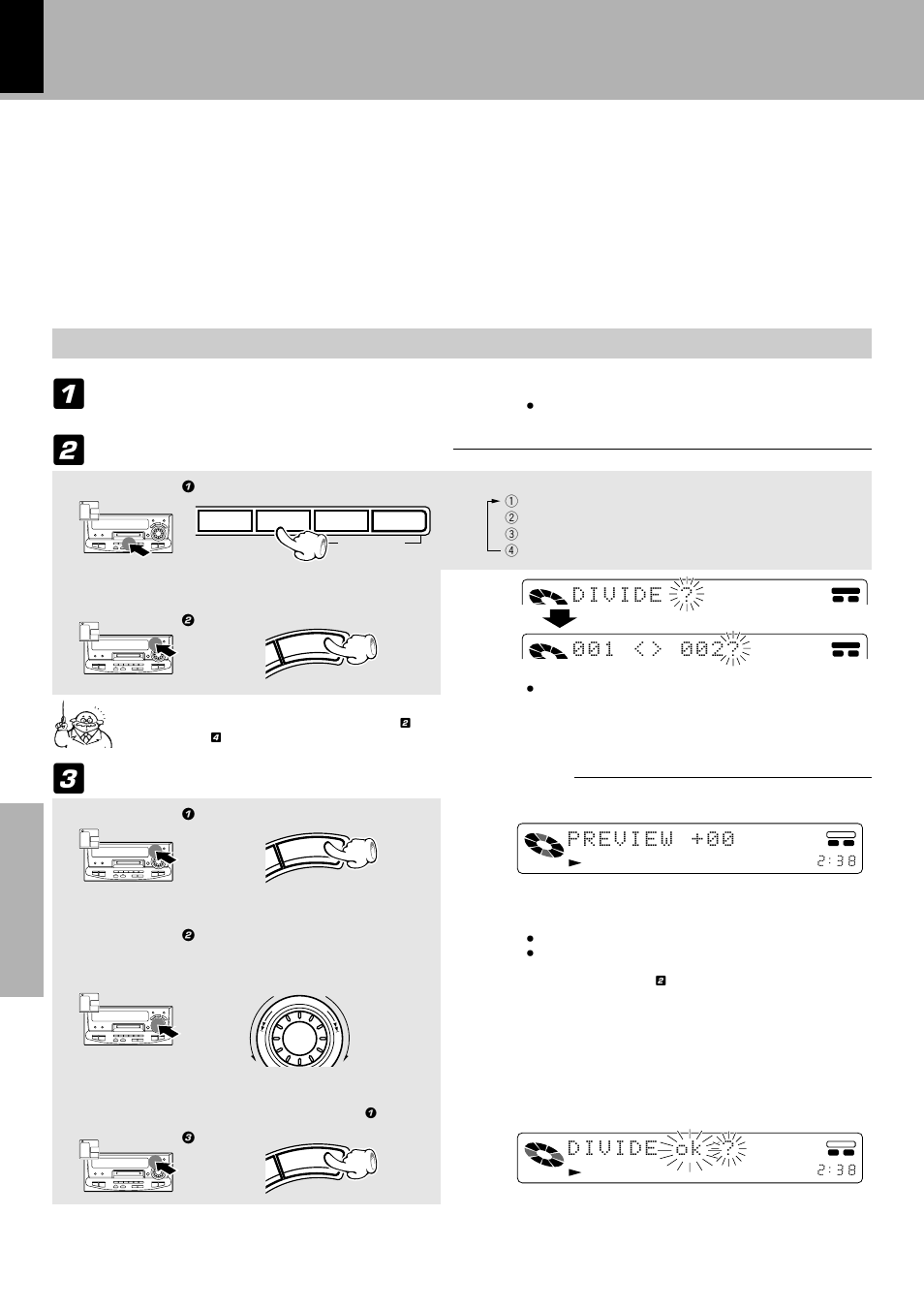 Dividing a track, Track divide), Play the track to be divided | Press the track edit key at the desired position, Execute fine adjustment for the division location | Kenwood XD-9581MD User Manual | Page 60 / 84