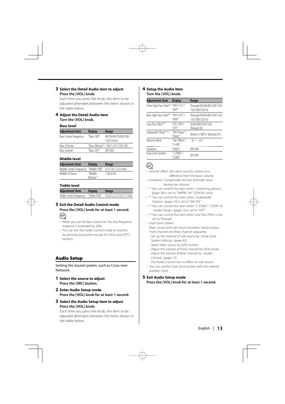 Audio setup | Kenwood DPX701 DPX501 User Manual | Page 13 / 64