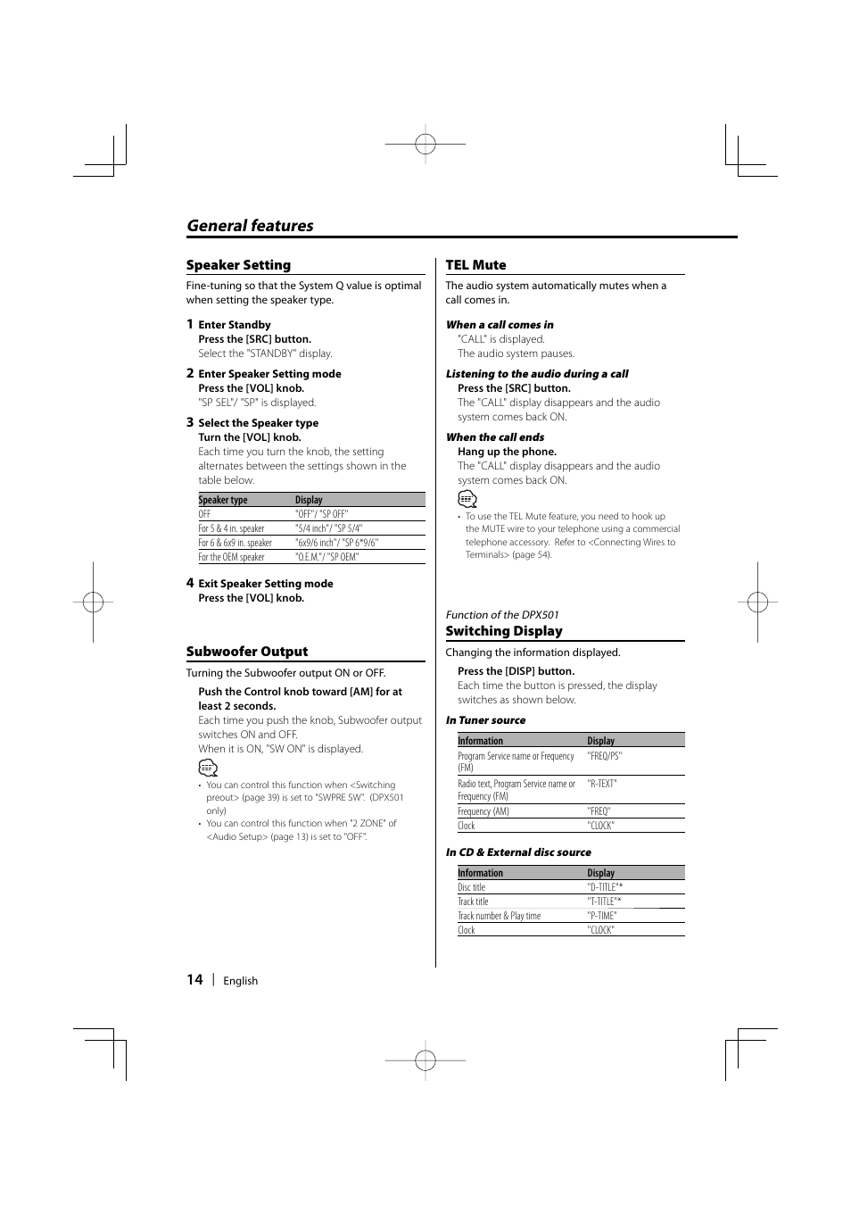 General features | Kenwood DPX701 DPX501 User Manual | Page 14 / 64