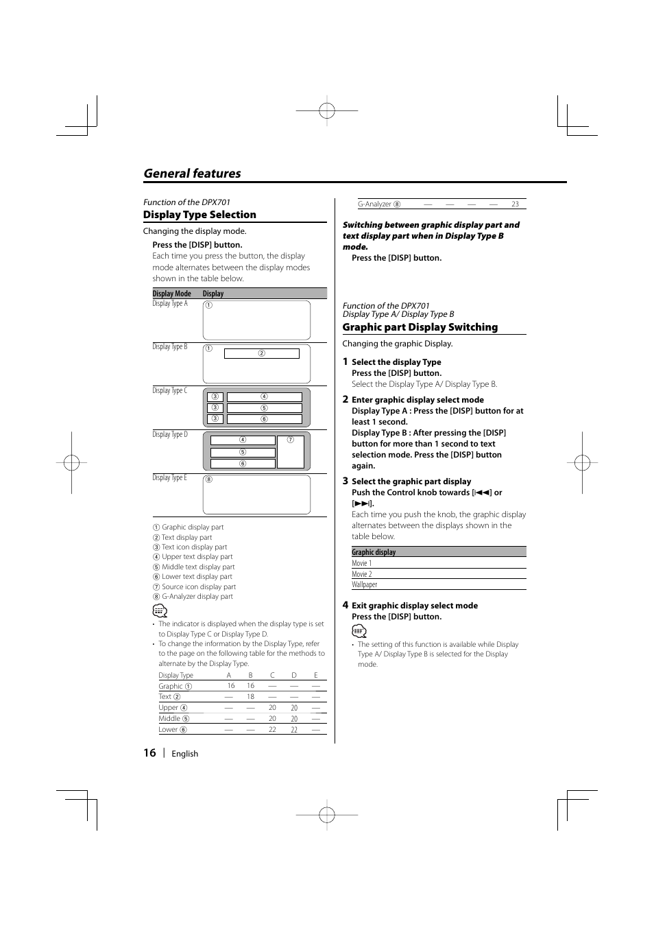 General features, Display type selection, Graphic part display switching | Kenwood DPX701 DPX501 User Manual | Page 16 / 64