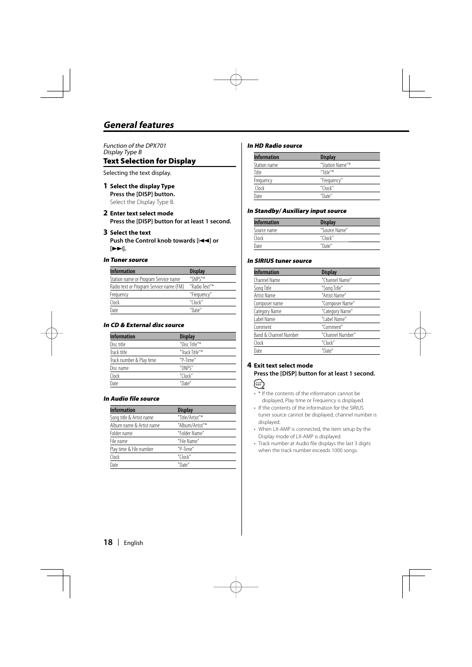 General features, Text selection for display | Kenwood DPX701 DPX501 User Manual | Page 18 / 64