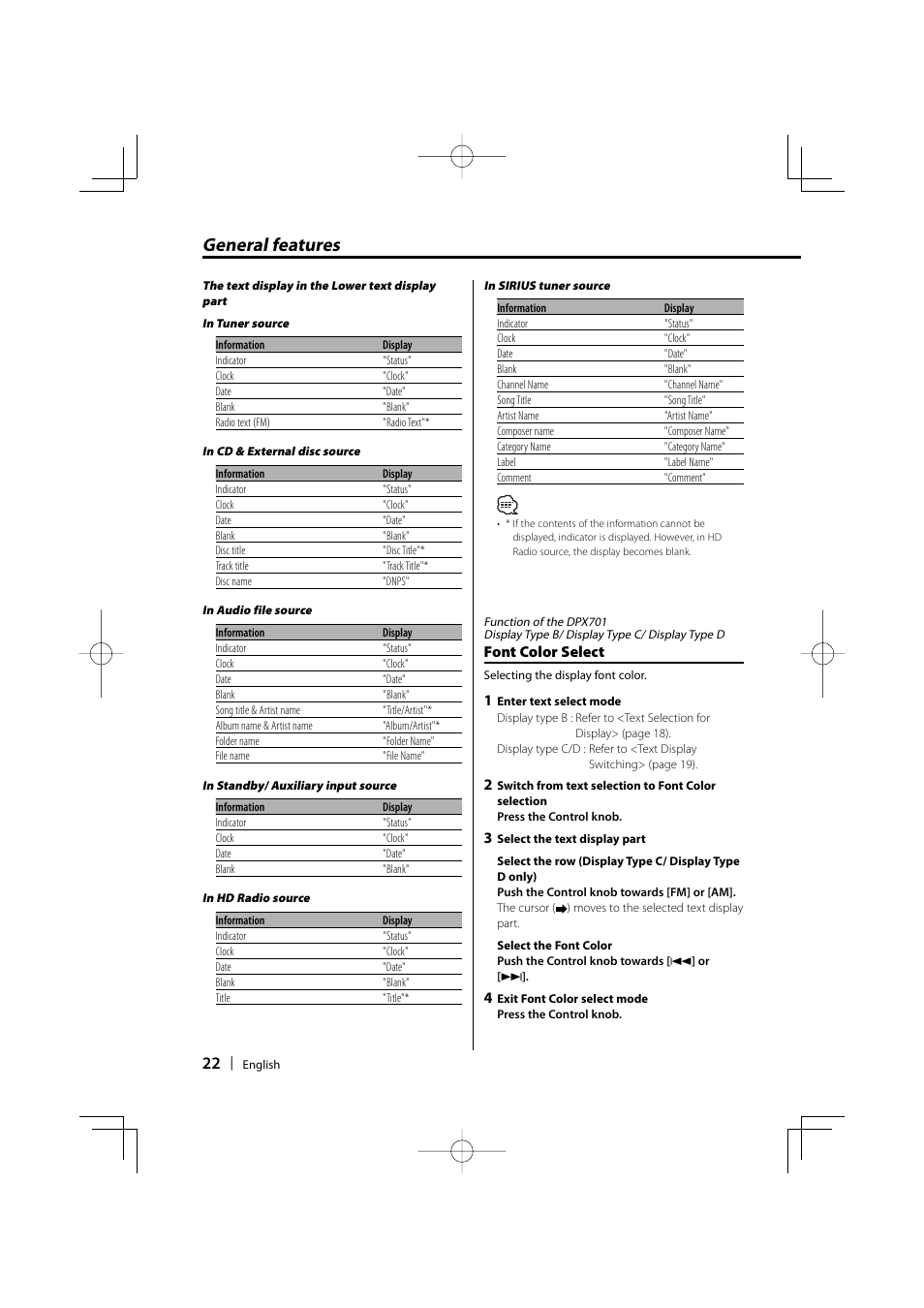 General features, Font color select | Kenwood DPX701 DPX501 User Manual | Page 22 / 64