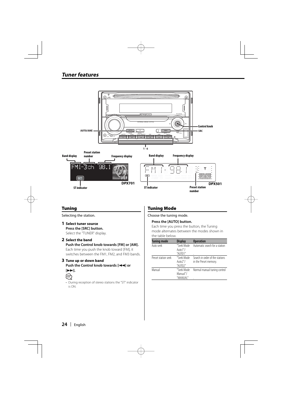 Tuner features, Tuning, Tuning mode | Kenwood DPX701 DPX501 User Manual | Page 24 / 64