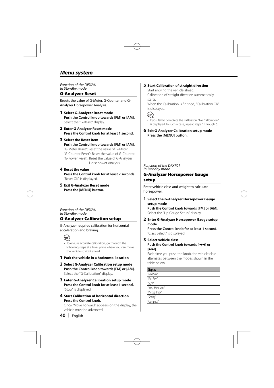 Menu system | Kenwood DPX701 DPX501 User Manual | Page 40 / 64