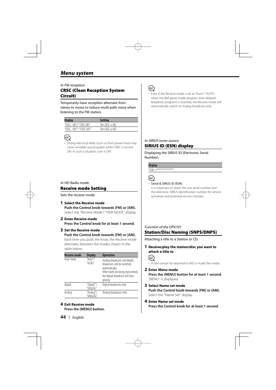 Menu system | Kenwood DPX701 DPX501 User Manual | Page 44 / 64