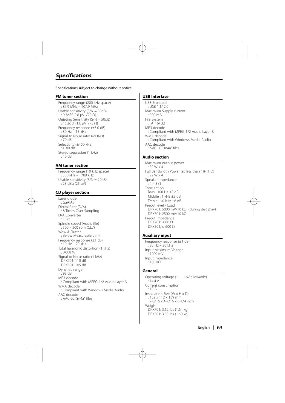 Specifications | Kenwood DPX701 DPX501 User Manual | Page 63 / 64