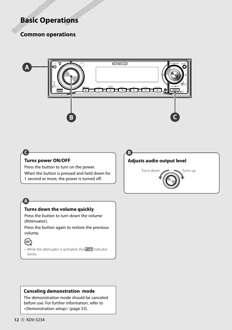 Basic operations, Bc a, Common operations | Canceling demonstration mode, Adjusts audio output level, Bturns down the volume quickly, Aturns power on/off | Kenwood KDV-5234 User Manual | Page 12 / 84
