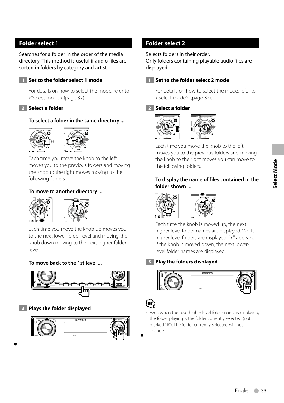 Folder select 1, Folder select 2, English 33 | Plays the folder displayed, Select a folder, Play the folders displayed, Selec t mode, The folder currently selected will not change | Kenwood KDV-5234 User Manual | Page 33 / 84
