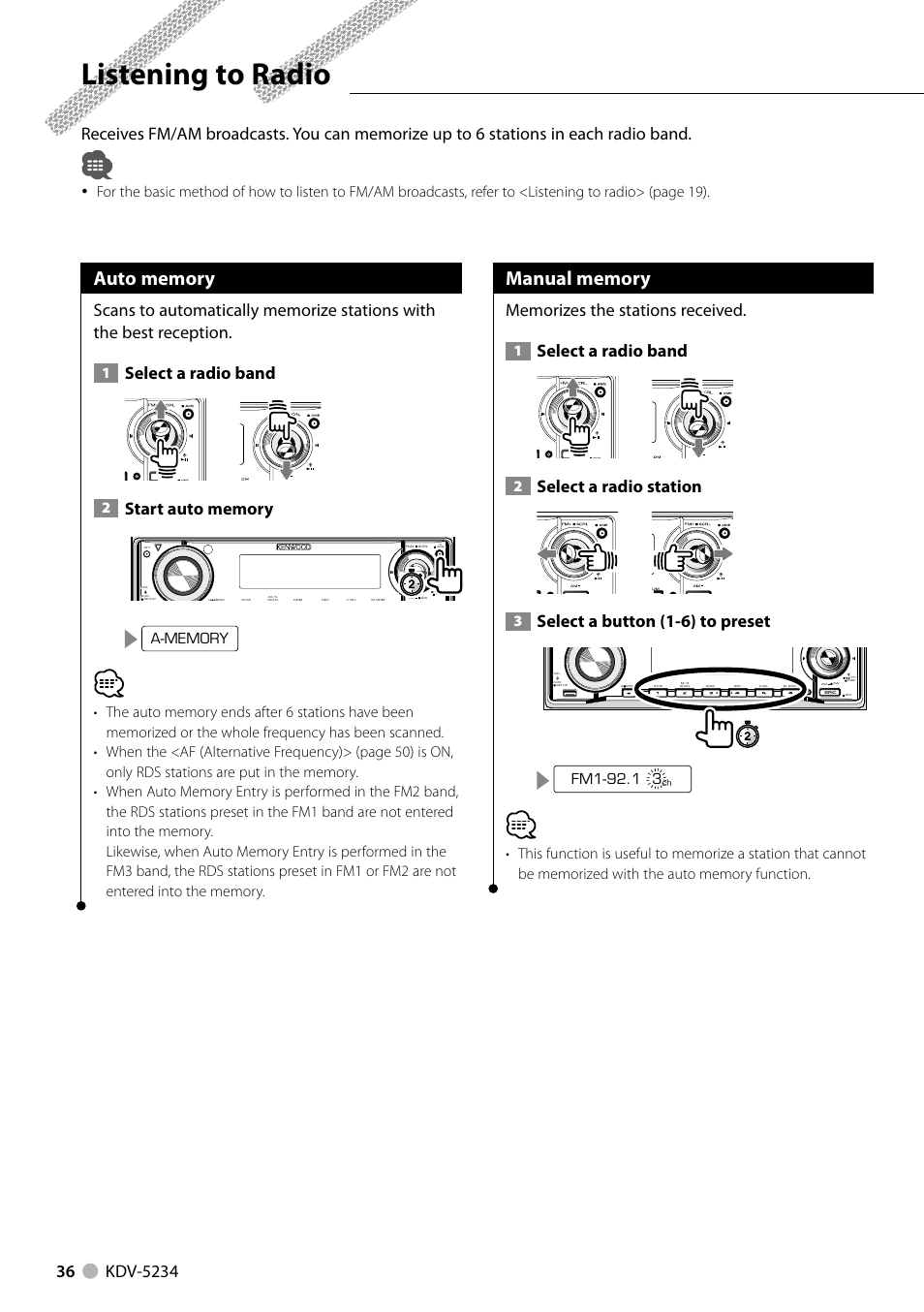 Listening to radio, Select a radio band, Select a radio station | Select a button (1-6) to preset | Kenwood KDV-5234 User Manual | Page 36 / 84