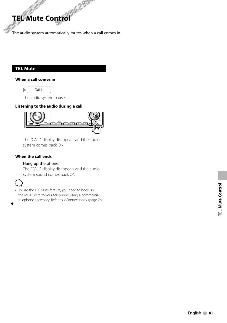 Tel mute control, Tel mute, English 41 | When a call comes in | Kenwood KDV-5234 User Manual | Page 41 / 84