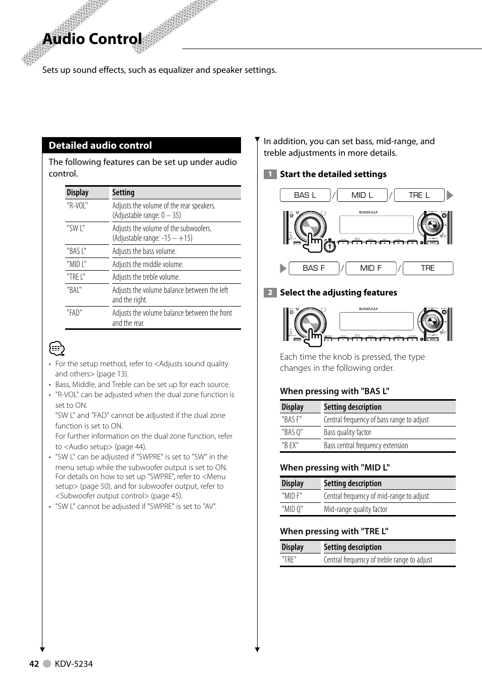 Audio control, Detailed audio control, Start the detailed settings | Select the adjusting features | Kenwood KDV-5234 User Manual | Page 42 / 84