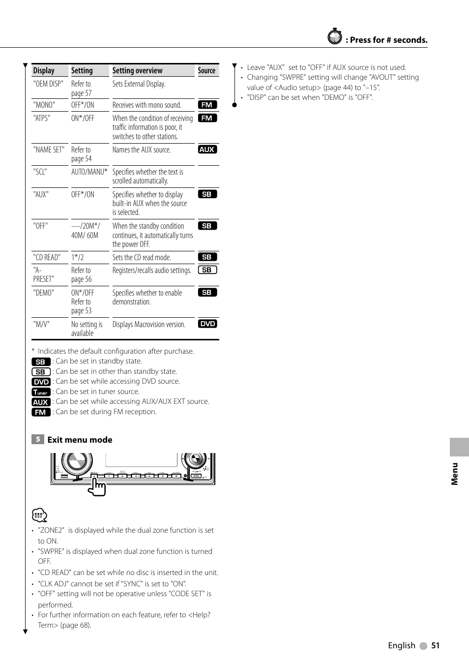 Exit menu mode, Press for # seconds | Kenwood KDV-5234 User Manual | Page 51 / 84
