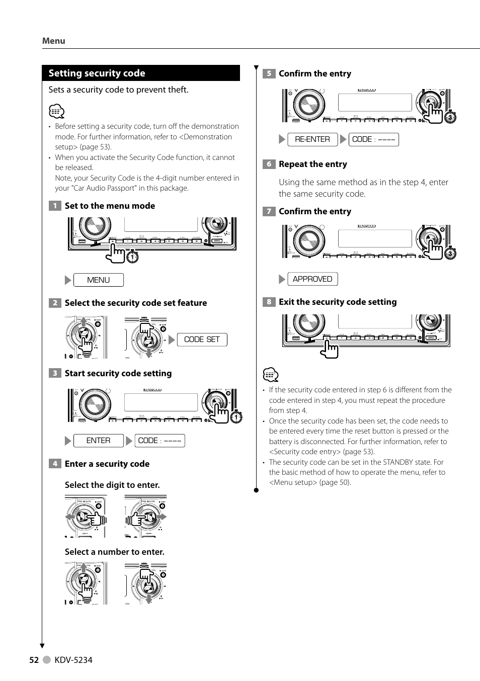 Setting security code, Sets a security code to prevent theft, Set to the menu mode | Select the security code set feature, Start security code setting, Enter a security code select the digit to enter, Select a number to enter, Confirm the entry, Exit the security code setting, Menu | Kenwood KDV-5234 User Manual | Page 52 / 84