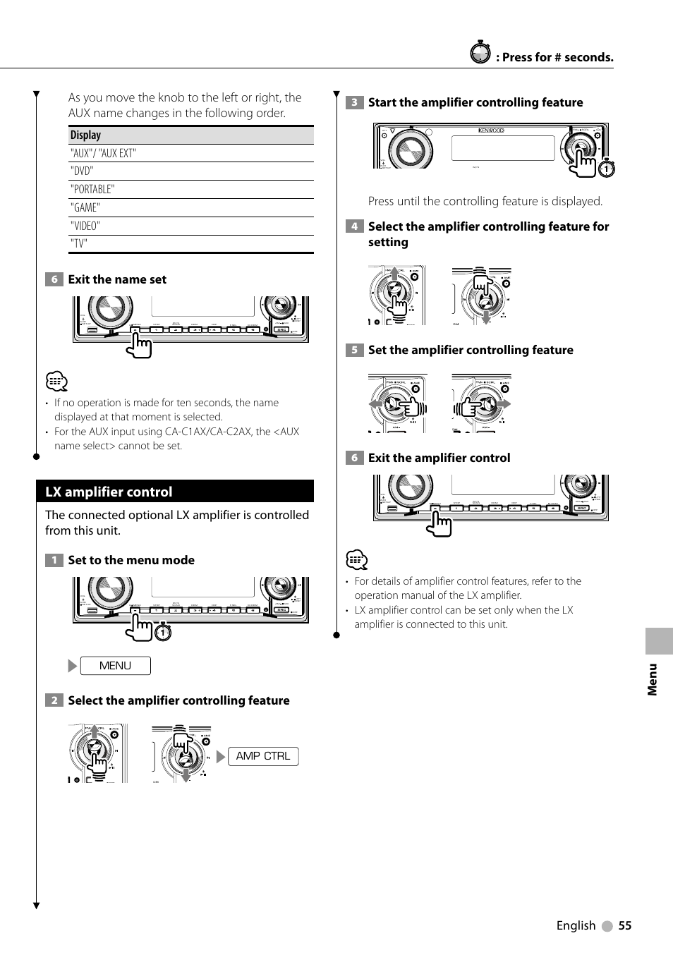 Lx amplifier control, Exit the name set, Set to the menu mode | Select the amplifier controlling feature, Start the amplifier controlling feature, Press until the controlling feature is displayed, Set the amplifier controlling feature, Exit the amplifier control, Menu : press for # seconds, Menu | Kenwood KDV-5234 User Manual | Page 55 / 84