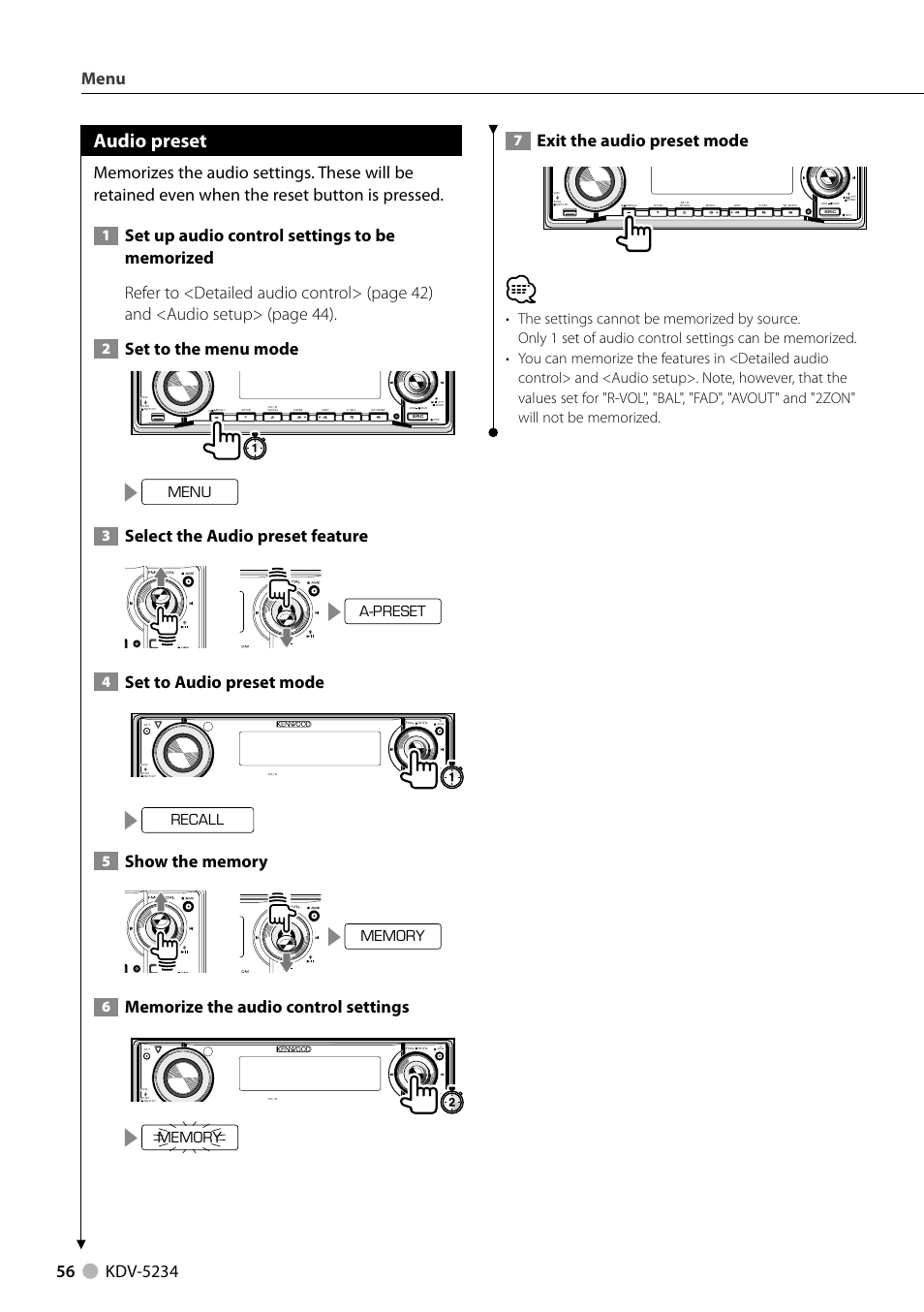 Audio preset, Set to the menu mode, Select the audio preset feature | Set to audio preset mode, Exit the audio preset mode, Menu, A-preset, Recall | Kenwood KDV-5234 User Manual | Page 56 / 84