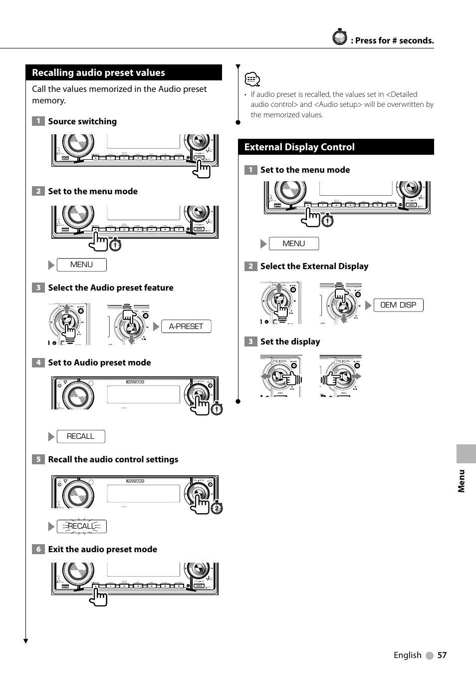 Recalling audio preset values, External display control, English 57 | Source switching, Set to the menu mode, Select the audio preset feature, Set to audio preset mode, Recall the audio control settings, Exit the audio preset mode, Select the external display | Kenwood KDV-5234 User Manual | Page 57 / 84