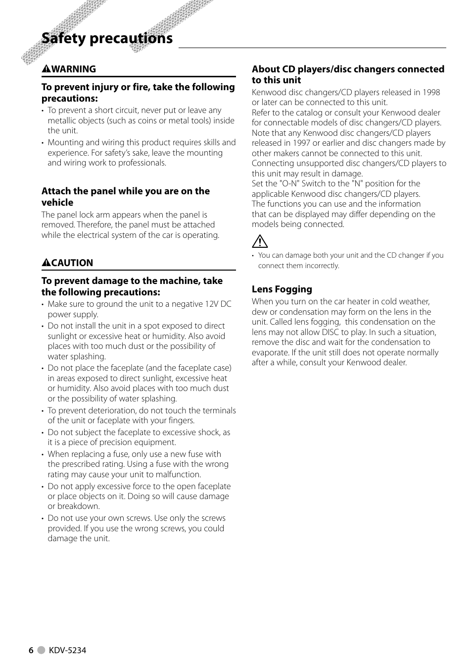 Safety precautions | Kenwood KDV-5234 User Manual | Page 6 / 84