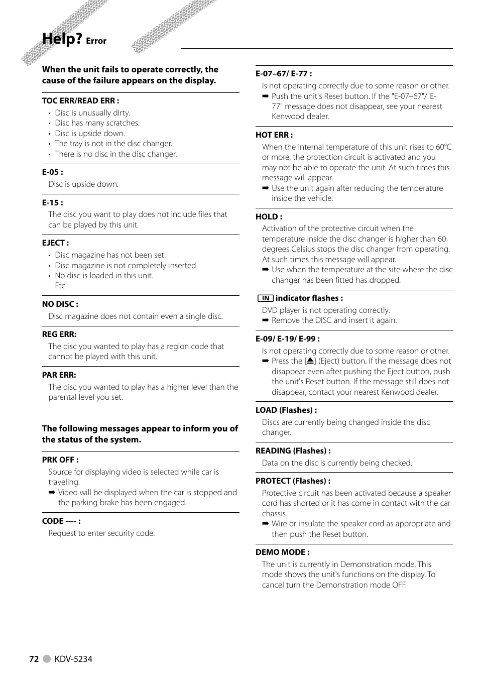 Help | Kenwood KDV-5234 User Manual | Page 72 / 84