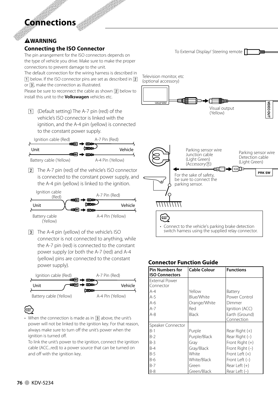 Connections, 2 warning connecting the iso connector, Connector function guide | Kenwood KDV-5234 User Manual | Page 76 / 84