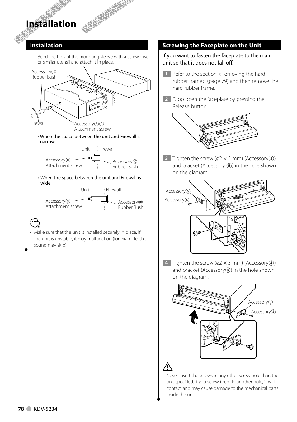 Installation, Screwing the faceplate on the unit | Kenwood KDV-5234 User Manual | Page 78 / 84