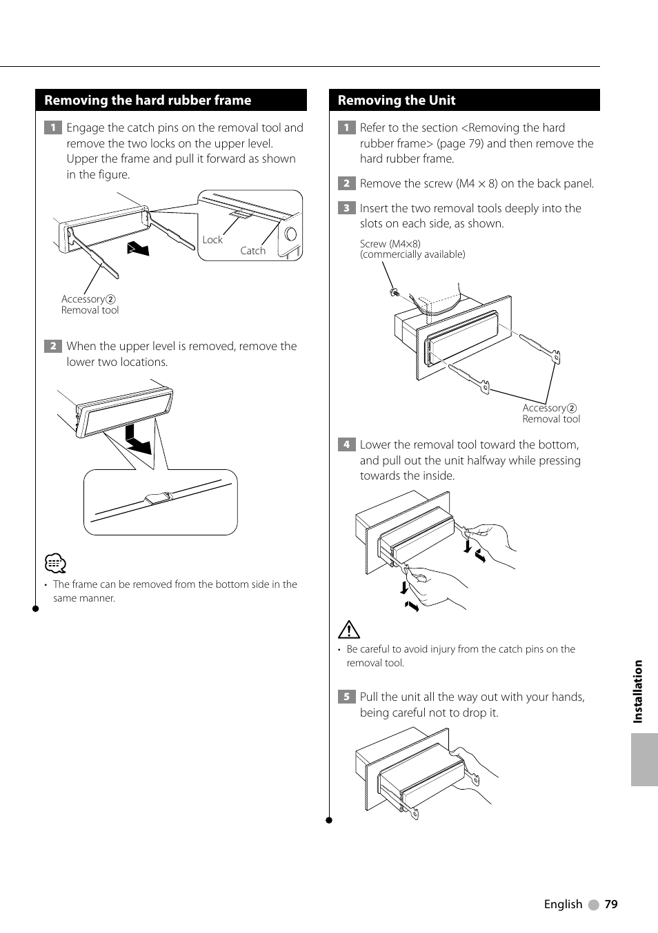 Removing the hard rubber frame, Removing the unit | Kenwood KDV-5234 User Manual | Page 79 / 84