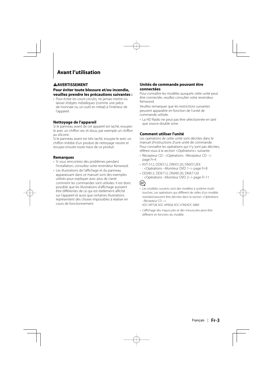 Avant l’utilisation, Fr-3 | Kenwood KTC-HR200 User Manual | Page 19 / 52