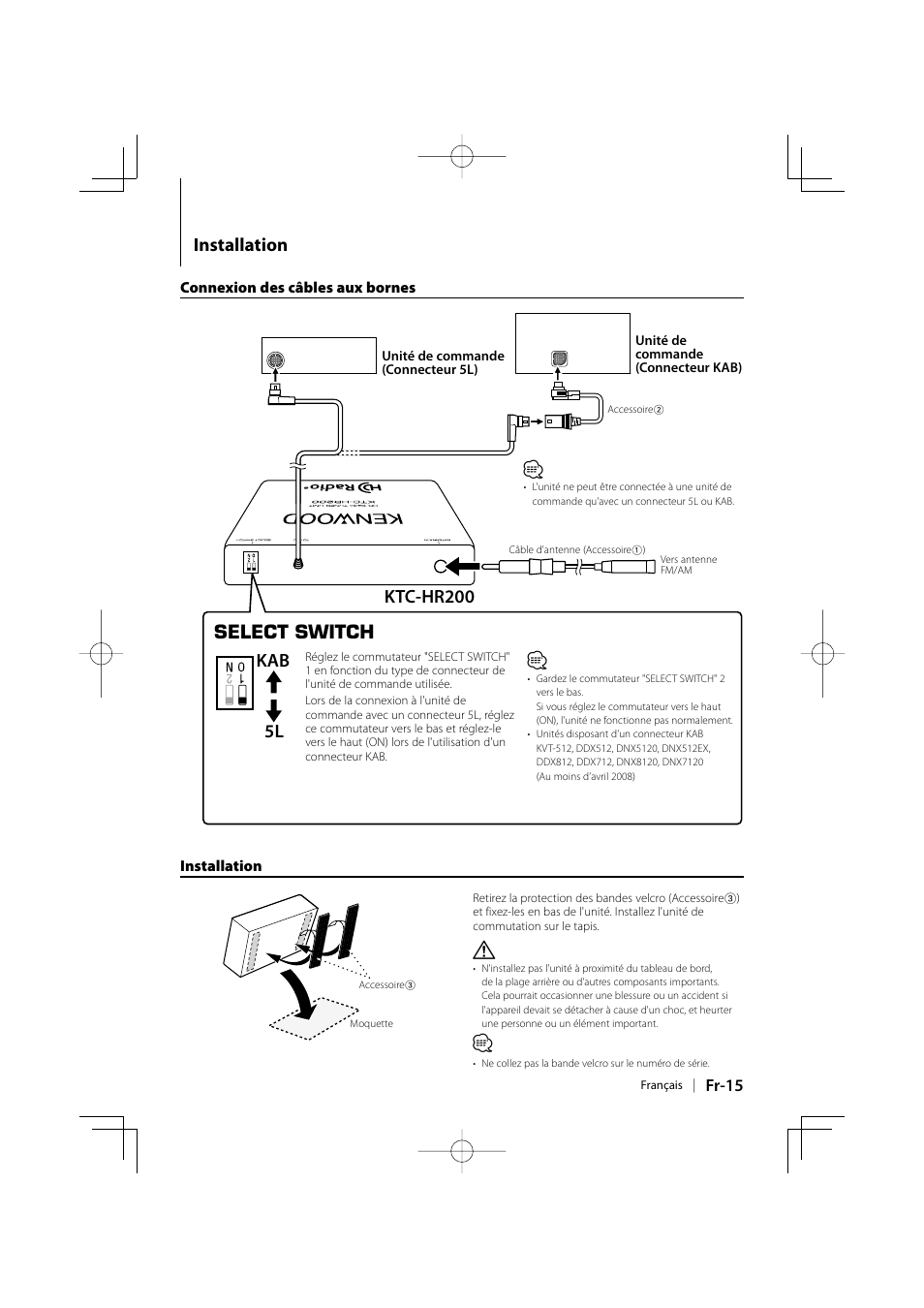 Installation, Kab select switch 5l, Ktc-hr200 | Kenwood KTC-HR200 User Manual | Page 31 / 52