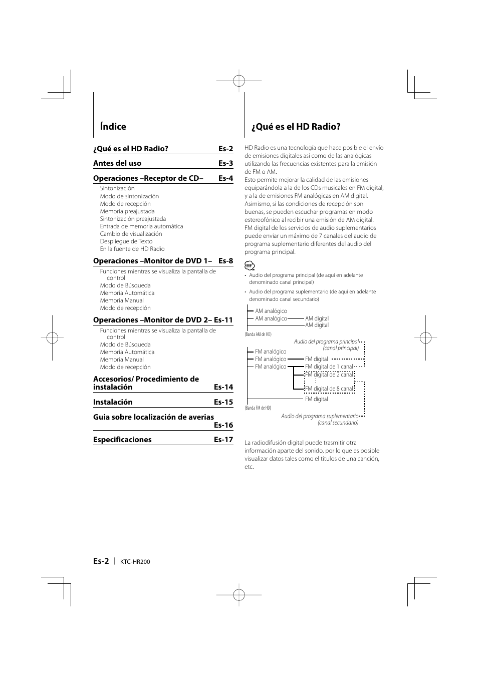 Índice ¿qué es el hd radio, Es-2 | Kenwood KTC-HR200 User Manual | Page 34 / 52