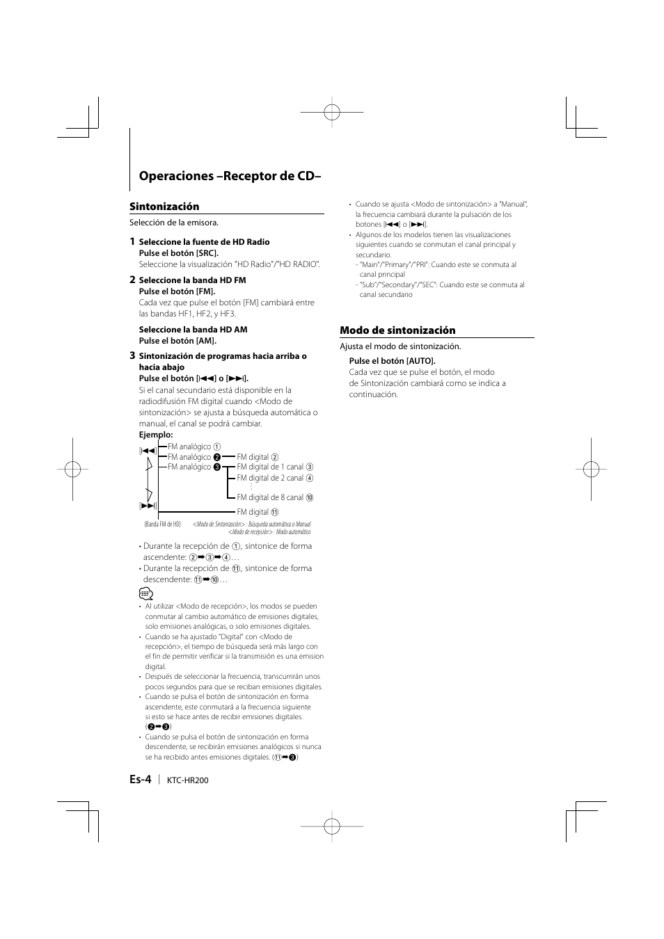 Operaciones –receptor de cd, Es-4, Sintonización | Modo de sintonización | Kenwood KTC-HR200 User Manual | Page 36 / 52