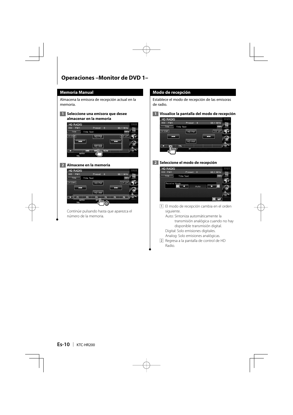 Operaciones –monitor de dvd 1, Es-10 | Kenwood KTC-HR200 User Manual | Page 42 / 52