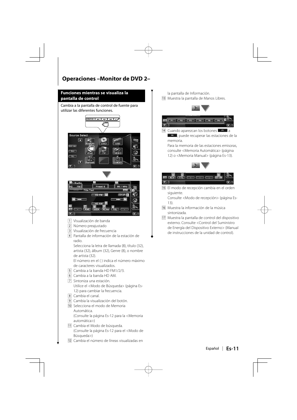 Operaciones –monitor de dvd 2, Es-11 | Kenwood KTC-HR200 User Manual | Page 43 / 52