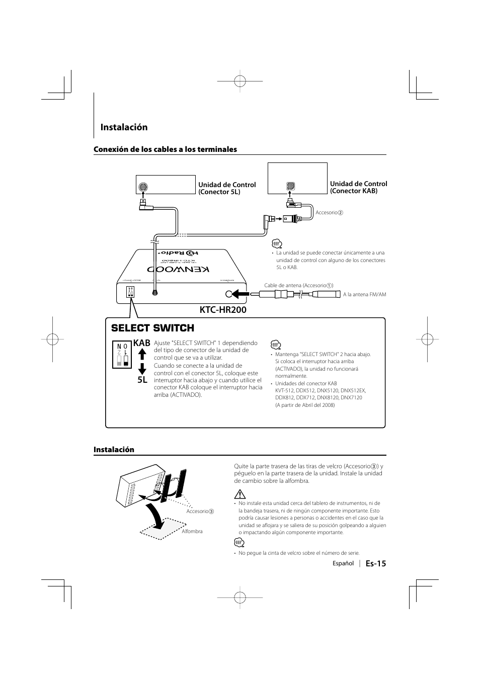 Instalación, Kab select switch 5l, Ktc-hr200 | Kenwood KTC-HR200 User Manual | Page 47 / 52