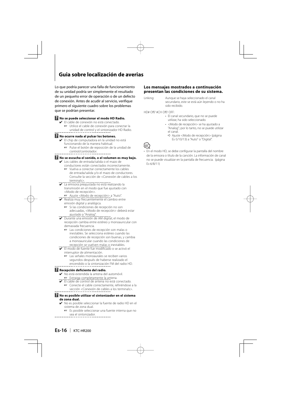 Guia sobre localización de averias, Es-16 | Kenwood KTC-HR200 User Manual | Page 48 / 52