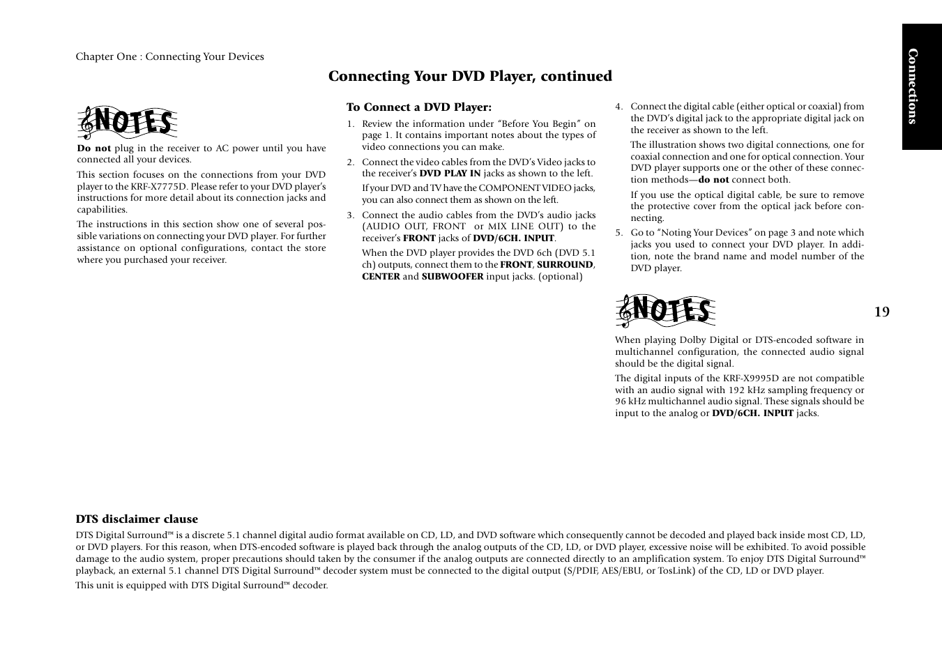 Connecting your dvd player, continued, Connections, Dts disclaimer clause | Kenwood KRF-X7775D User Manual | Page 113 / 146