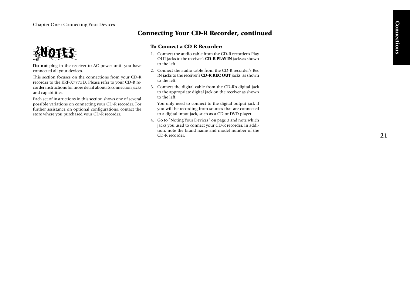 Connecting your cd-r recorder, continued, Connections | Kenwood KRF-X7775D User Manual | Page 115 / 146