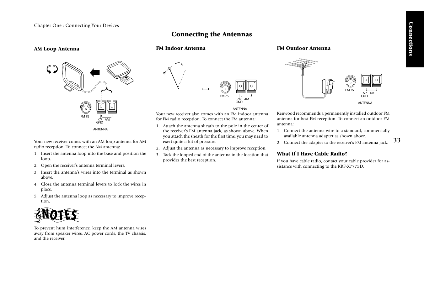 Connecting the antennas, Connections, Am loop antenna | Fm indoor antenna, Fm outdoor antenna, What if i have cable radio | Kenwood KRF-X7775D User Manual | Page 127 / 146