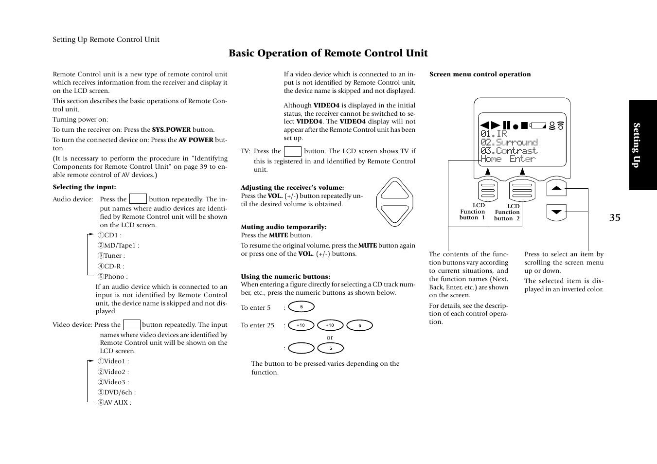 Basic operation of remote control unit, Setting up, Ir 02.surround 03.contrast home enter | Kenwood KRF-X7775D User Manual | Page 129 / 146